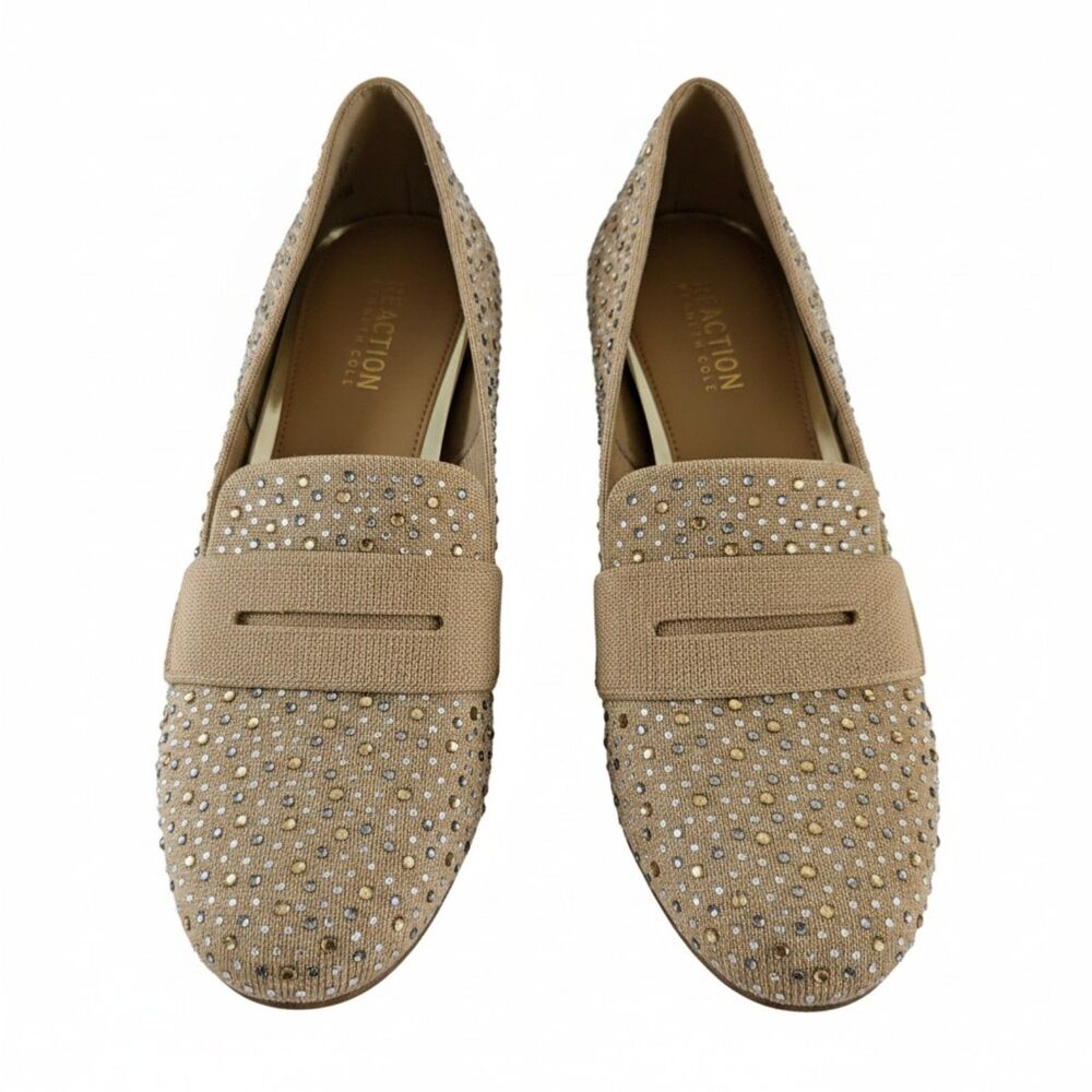 Kenneth Cole Reaction Unity Crystal Knit Loafers 8 Tan Rhinestone Bling